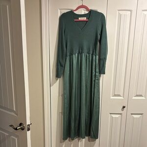 Taylor Teal V-Neck Knit & Satin Maxi Dress